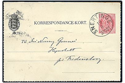 8 øre helsags korrespondancekort annulleret med lapidar Snertinge d. 19.8.1894 til Fredensborg. Svag vandret fold.