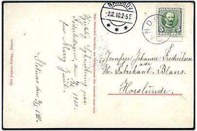 5 øre Fr. VIII på brevkort annulleret med stjernestempel SANDBY og sidestemplet Nakskov d. 2.12.1910 til Horslunde.