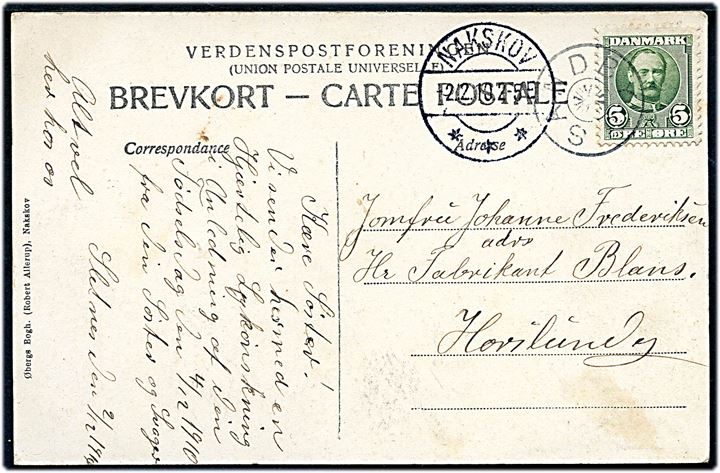 5 øre Fr. VIII på brevkort (Tvede Mejeri og Svinsbjerg Mølle) annulleret med stjernestempel SANDBY og sidestemplet Nakskov d. 2.12.1910 til Horslunde.