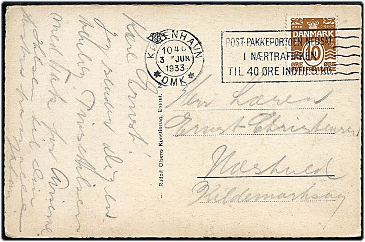 10 øre Bølgelinie på brevkort annulleret med TMS København *OMK* / Post-Pakkeportoen nedsat i Nærtrafikken til 40 Øre indtil 5 Kg. d. 3.6.1933 til Næstved.