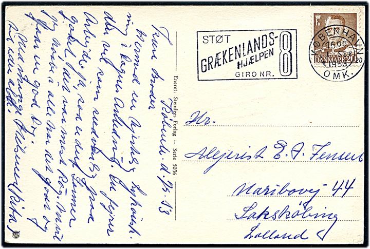 20 øre Fr. IX på brevkort annulleret med TMS Støt Grækenlands-Hjælpen Giro Nr. 8 / København OMK. 20 d. 1.9.1953 til Sakskøbing.
