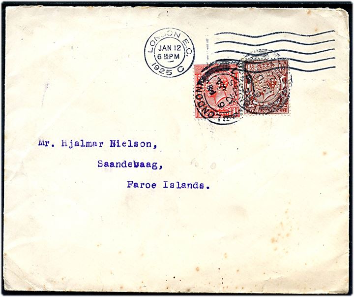Engelsk 1d og 1½d George V med perfin W.R. på brev fra London d. 12.1.1925 til Sandevaag, Færøerne. På bagsiden stemplet Thorshavn d. 28.1.1925.