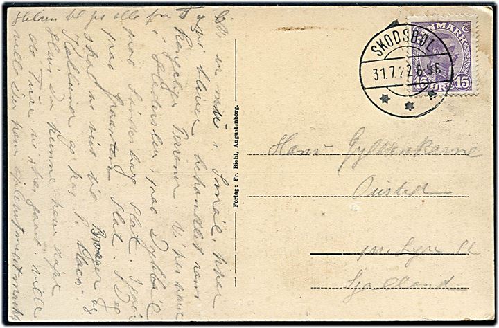 15 øre Chr. X på brevkort annulleret med brotype IIb Skodsbøl d. 31.7.1922 Ousted pr. lejre St.