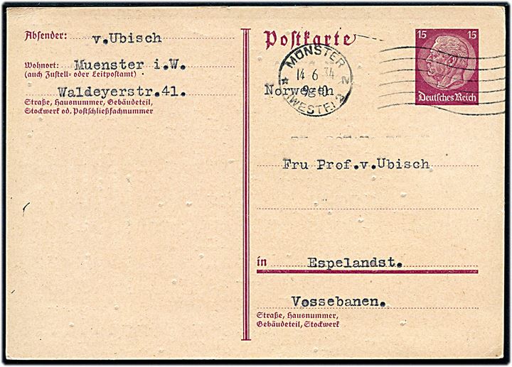 15 pfg. Hindenburg helsagsbrevkort fra Münster d. 14.6.1934 til Espeland St. på Vossebanen, Norge.
