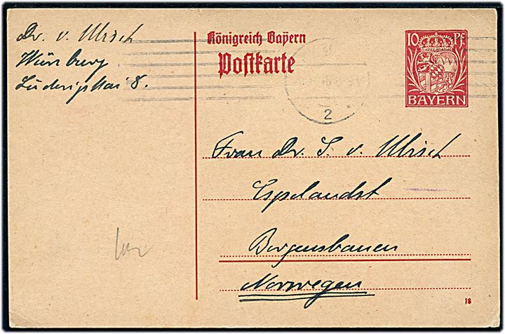 10 pfg. helsagsbrevkort fra Würzburg d. 19.12.1918 til Espelandst, Bergensbanen, Norge.