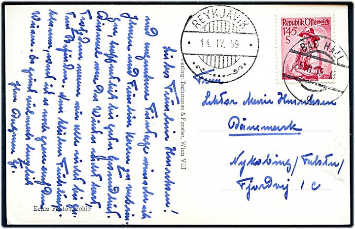 Østrigsk 1,45 S. Egnsdragt på brevkort fra Bad Hali d. 25.3.1959 til Nykøbing F., Danmark. Fejlsendt til Island med transit stempel Reykjavik d. 14.4.1959.