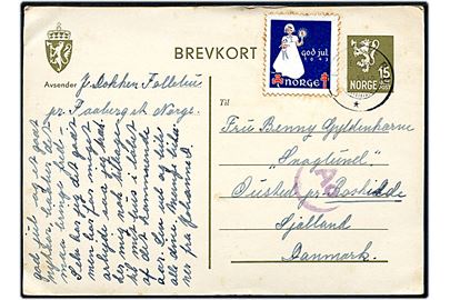 15 øre Løve helsagsbrevkort med Julemærke 1943 fra Fallebu d. 13.12.1943 til Ousted pr. Roskilde, Danmark. Tysk censur fra Oslo.