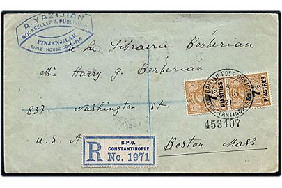 7½ piastres/5d George V provisorium i parstykke på anbefalet brev fra British Post Office Cinstantinople d. 25.10.1921 via New York til Boston, USA.