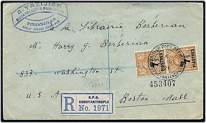 7½ piastres/5d George V provisorium i parstykke på anbefalet brev fra British Post Office Cinstantinople d. 25.10.1921 via New York til Boston, USA.