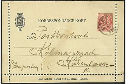 8 øre helsags korrespondancekort fra Korsør d. 17.7.1893 til Postkontoret i København. Påskrevet: Brevpostsag. Indeholder anmodning om eftersendelse af Poste Restante brev til Frankfurt, Tyskland. Flere officielle stempler.