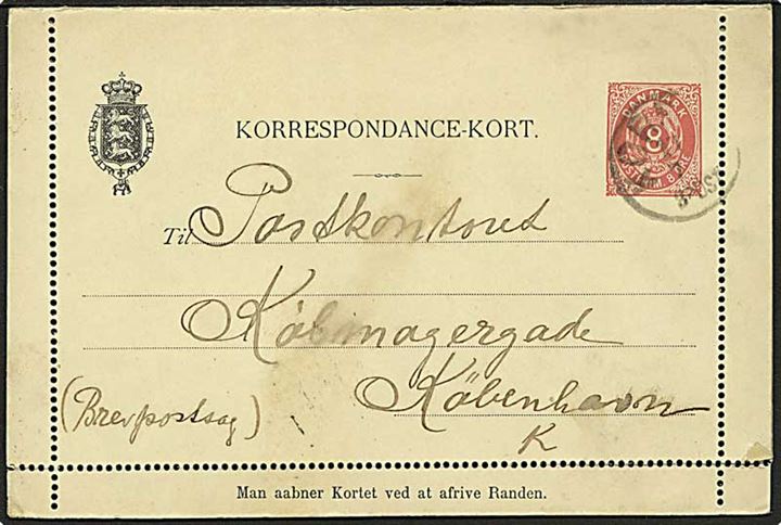 8 øre helsags korrespondancekort fra Korsør d. 17.7.1893 til Postkontoret i København. Påskrevet: Brevpostsag. Indeholder anmodning om eftersendelse af Poste Restante brev til Frankfurt, Tyskland. Flere officielle stempler.