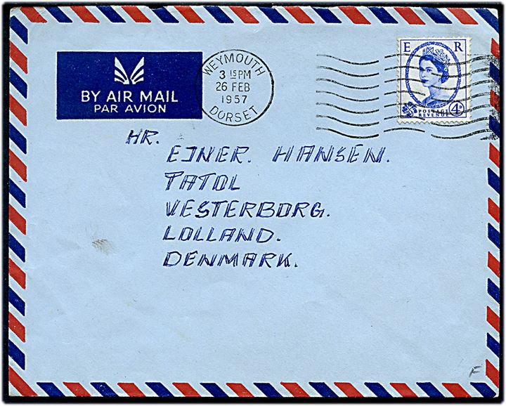 Britisk 4d Elizabeth på luftpostbrev sendt fra sømand ombord på den danske fregat Holger Danske stemplet Waymouth d. 26.2.1957 til Vesterborg, Danmark.