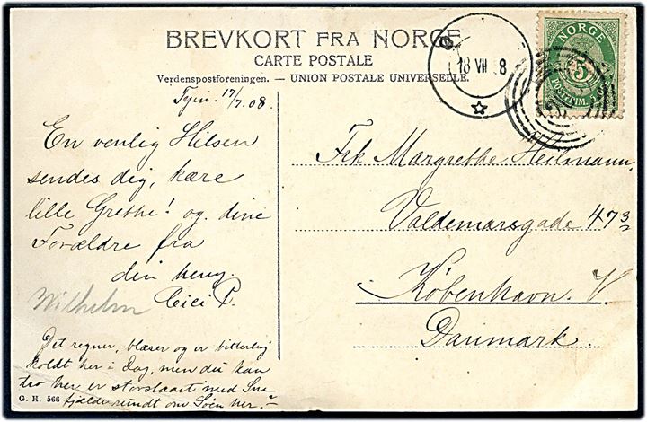 5 øre Posthorn på brevkort (Valders, Kvamskleven) dateret Tyin d. 17.7.1908 og annulleret med 4-ringsstempel 208 (= FRAMNES) og sidestemplet Øier d. 18.7.1908 til København, Danmark. Benyttet ved sæson-brevhus i årene 1908-14. 