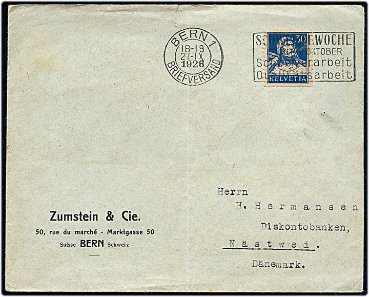 30 c. Tell med tydelig afskæring i top- og bund på brev fra firma Zumstein & Cie i Bern d. 27.9.1926 til Næstved. Antagelig fra privat frimærke-påsætningsmaskine som benyttede frimærkeruller.