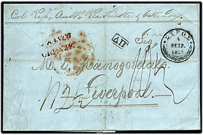 1855. Ufrankeret franco brev med fuldt indhold med græsk stempel Syros d. 4.2.1855 via Trieste til Liverpool, England. Skibspåtegning, portopåtegning og flere transitstempler.