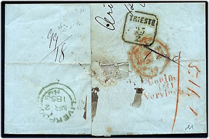 1855. Ufrankeret franco brev med fuldt indhold med græsk stempel Syros d. 4.2.1855 via Trieste til Liverpool, England. Skibspåtegning, portopåtegning og flere transitstempler.