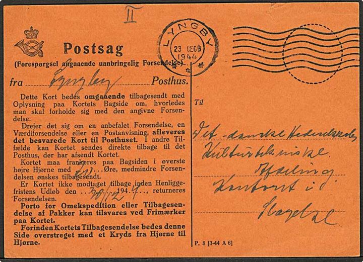 Ufrankeret postsag med forespørgsel angaande uanbringelig forsendelse - formular P.8 (3-44 A6) fra Lyngby d. 23.12.1944 til Slagelse.