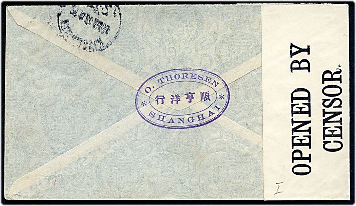 Amerikansk post i Kina. 5 cents Washington (defekt) på brev annulleret med duplex US Postal Agency Shanghai / 1 d. 12.10.1915 til København, Danmark. Påskrevet via U.S.A. og åbnet af britisk censur no. 4661. 