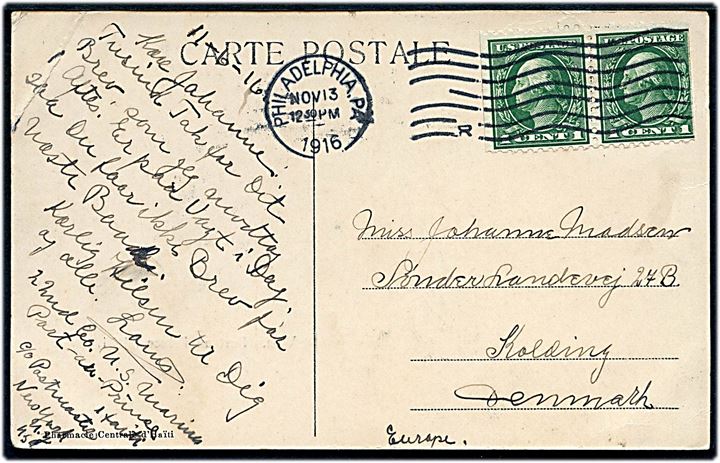 Amerikansk 1 cent (par) på brevkort (Port au Prince, Haiti) dateret d. 6.11.1916 og annulleret Philadelphia d. 13.11.1916 til Kolding, Danmark. Sendt fra dansk soldat i 22nd Coy. 2nd Marines, Port-Au-Prince Haiti c/o Postmaster New York, N.Y. USA besatte Haiti i årene 1915-1934.