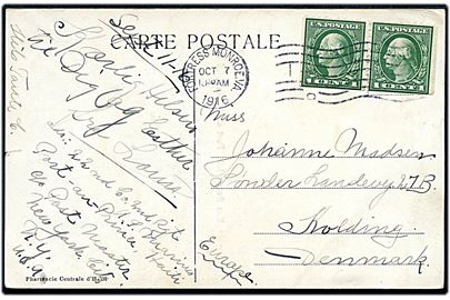 Amerikansk 1 cent (par) på brevkort (Port au Prince, Haiti) dateret d. 11.9.1916 og annulleret Fortress Monroe, VA. d. 7.10.1916 til Kolding, Danmark. Sendt fra dansk soldat i 22nd Coy. 2nd Marines, Port-Au-Prince Haiti c/o Postmaster New York, N.Y. USA besatte Haiti i årene 1915-1934.