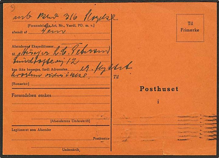 Ufrankeret postsag med forespørgsel angaande uanbringelig forsendelse - formular P.8 (3-44 A6) fra Lyngby d. 23.12.1944 til Slagelse.