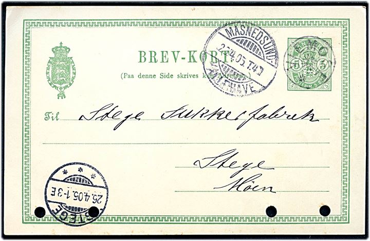 5 øre Våben helsagsbrevkort annulleret med stjernestempel VIEMOSE og sidestemplet bureau Masnedsund - Kallehave T.4 d. 26.4.1905 til Stege. Arkivhuller.