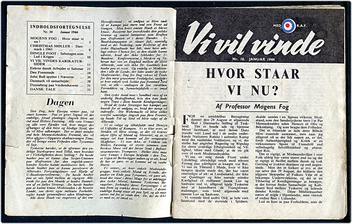 Nedkastet Flyveblad. Vore Danske Skove - Vi vil vinde no. 10 jan. 1944 (Formular D1). 32 sider illegalt hæfte nedkastet af Royal Air Force. Påskrevet Fundet d. 12/5-44 mellem ........ 