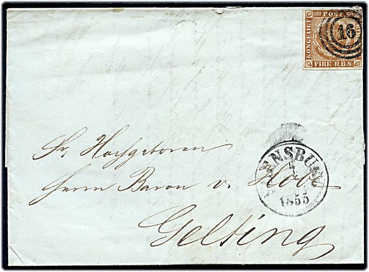 4 R.B.S. Thiele III gulburn på brev annulleret med nr.stempel 16 og sidestemplet antiqua Flensburg d. 7.1.1855 til Baron v. Hobe, Gelting. Signeret Møller BPP.