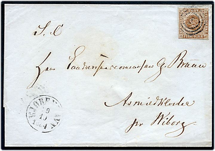 4 R.B.S. Thiele III på brev annulleret med nr.stempel 1 og sidestemplet antiqua Kjøbenhavn d. 9.10.1854 til Asmild Kloster pr. Viborg.