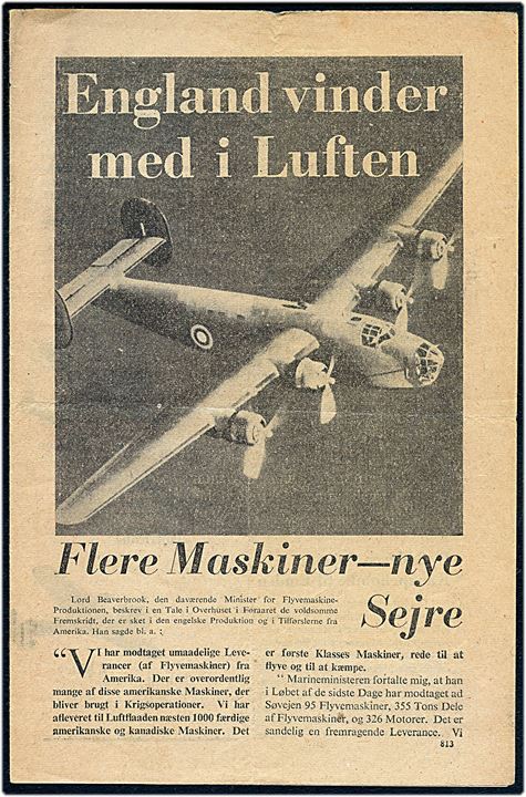 Nedkastet Flyveblad. England vinder med i Luften. Flere Maskiner - nye Sejre. (Formular 813). Flyveblad nedkastet over Danmark af Royal Air Force i 1941.