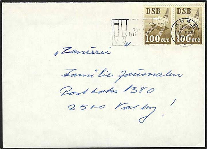DSB 100 øre fragtmærker i parstykke anvendt som frankering på brev fra Køge d. 23.11.1977 til Valby. Ikke udtakseret i porto.