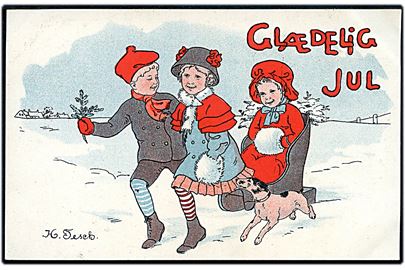 Helga Tesch: Glædelig Jul. Børn trækker slæde med pige. Alex Vincents, serie 321/4. 
