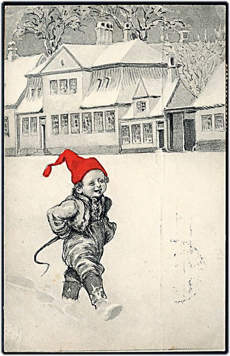 Viggo Jastrau: Glædelig Jul. Nisse går i sneen, i byen. Warburgs Kunstforlag u/no. (Anvendt 24.12.11). 