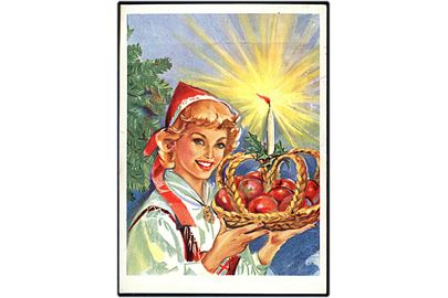 Rita Lund: Glædelig Jul. Kvinde kurv med æbler og stearinlys. Levison Junr no. 5346. 