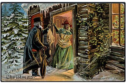 A Merry Christimas. Kvinde og mand står i døren. Han har en gås. U/no. Prægekort. 