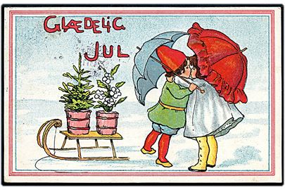 Ukendt Kunstner: Glædelig Jul. Pige og dreng kysser under paraplyerne. Alex Vincents, serie 334/3. 