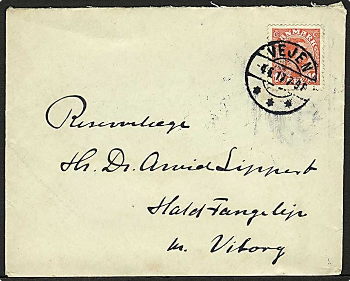 10 øre Chr. X single på brev fra Vejen d. 4.6.1917 til reservelæge i Fangelejren i Hald pr. Viborg.