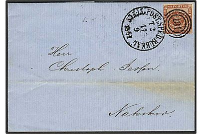 4 sk. 1858 udg. på brev fra Kjøbenhavn annulleret med kombineret nr.stempel 181/Sjæll:Post:Sped:Bureau d. 17.9.1861 til Nakskov.