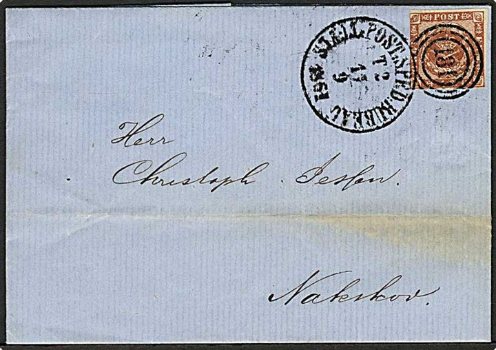 4 sk. 1858 udg. på brev fra Kjøbenhavn annulleret med kombineret nr.stempel 181/Sjæll:Post:Sped:Bureau d. 17.9.1861 til Nakskov.
