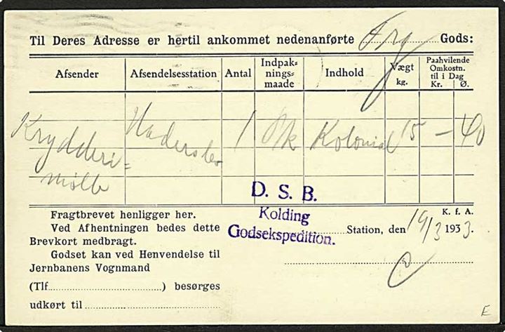 10 øre helsagsbrevkort (fabr. 105-H) med tiltryk fra De danske Statsbaner fra Kolding d. 19.3.1933 til Varmark. På bagsiden stemplet D.S.B. Kolding Godsekspedition.