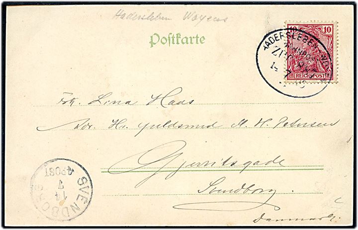 Hilsen fra Haderslev. U/no. Frankeret med 10 pfg. Germania annulleret bureau Hadersleben - Woyens Bahnpost Zug 887 d. 14.7.1906.