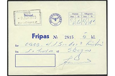 Skagensbanen Fripas stemplet DSB Frederikshavn St. d. 9.6.1980.