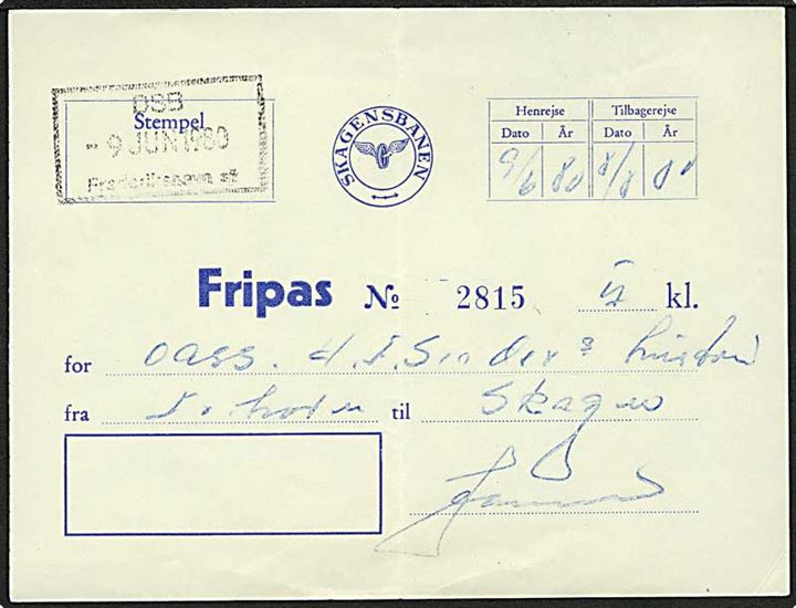 Skagensbanen Fripas stemplet DSB Frederikshavn St. d. 9.6.1980.