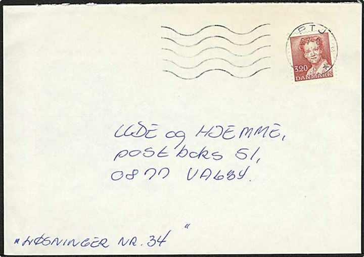 3,20 kr. Margrethe på brev annulleret med bureau maskinstempel PTJ sn3 T.7290 d. 27.8.1988 til Valby. Svagt stempel.