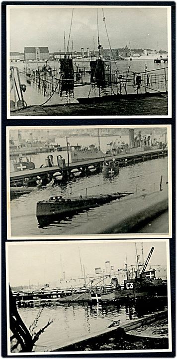 Flådens sænkning d. 29. august 1943. Tre små fotografier af ødelagte orlogsskibe. 
