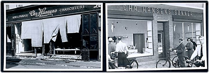 Odense, Slagter Chr. Hansens Sønners forretninger i Kongensgade og på Skibhusvej, begge ødelagt under Augustoprøret 1943. To fotografier 5½x8½ cm.
