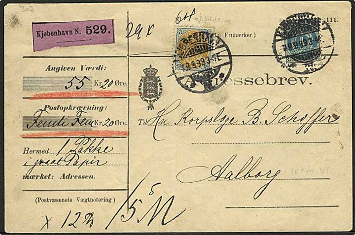 4 øre og 100 øre Tofarvet på 104 øre frankeret adressebrev for værdipakke med opkrævning fra Kjøbenhavn d. 19.9.1899 til Aalborg.