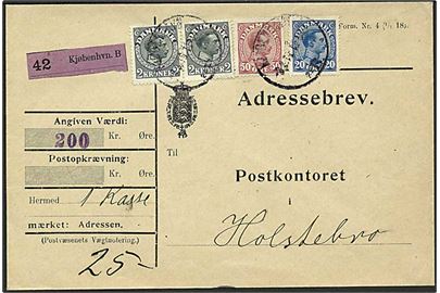 20 øre, 50 øre og 2 kr. (2) Chr. X på 4,70 kr. frankeret adressebrev for værdipakke fra Kjøbenhavn d. 3.3.1919 til Holstebro.