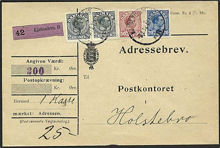 20 øre, 50 øre og 2 kr. (2) Chr. X på 4,70 kr. frankeret adressebrev for værdipakke fra Kjøbenhavn d. 3.3.1919 til Holstebro.