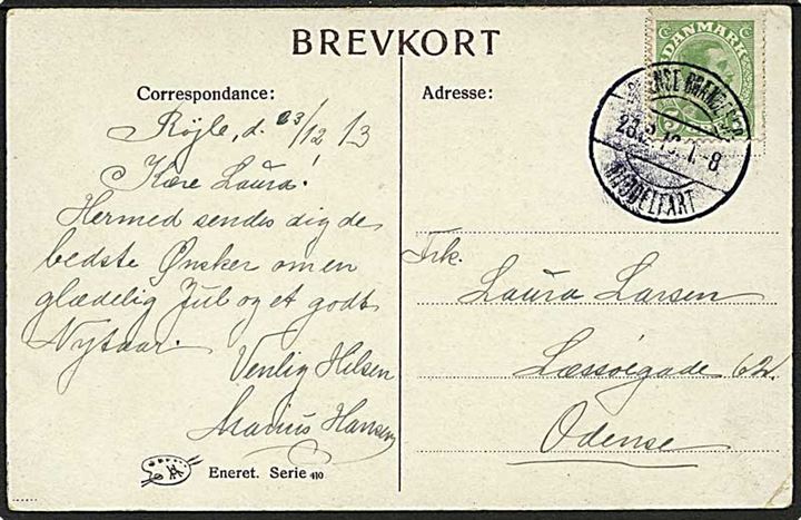 5 øre Chr. X på brevkort dateret Røjle og annulleret med bureaustempel Odense - Brænderup - Middelfart T.8 d. 23.12.1913 til Odense.